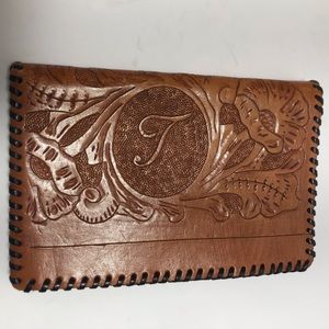 Handmade Embossed Tooled Tan Leather Bifold Flat Wallet